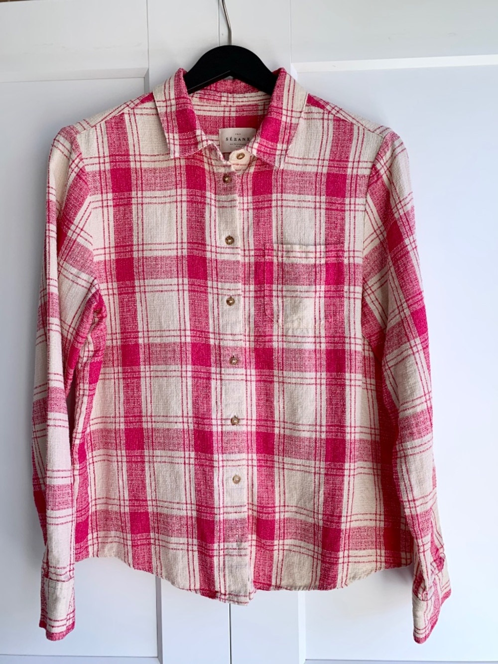 Sezane Plaid Button-Up Shirt blouse - Pink & Cream size 38 linen blended